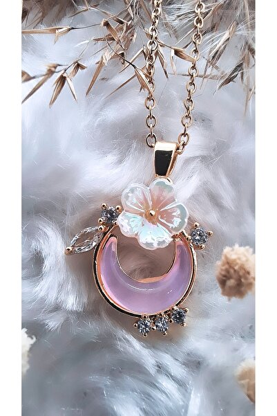 Serenity قلادة من الفولاذ على شكل زهرة بيضاء مع شكل هلال وردي