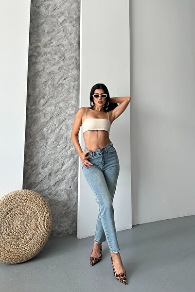 DESTEMODA Γυναικείο παντελόνι Mom Fit τζιν με μουστάκι, χημικό χρώμα, ανοιχτό καφέ 4005