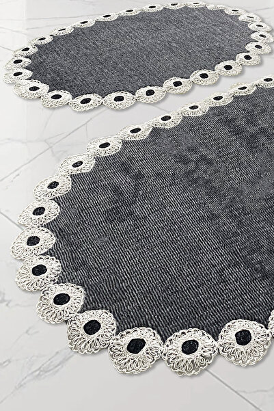 Bestekar Σετ μπάνιου Dorella Anthracite French Lace Luxury Soft που πλένεται με δύο οβάλ χαλάκια μπάνιου