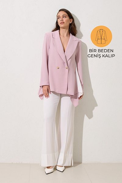 Setre Powder Single Button Detailed Asymmetrical Wide Cut Jacket