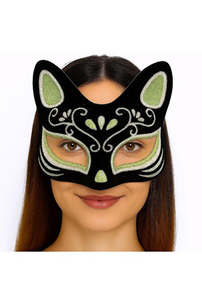 Mustran قناع قطة لامع باللون الأسود مع طلاء من جلد الغزال باللون الفضي والأخض...