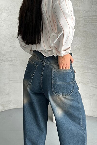 DESTEMODA Γυναικεία φαρδιά τσέπη στο πλάι και λεπτομέρεια ραφής στην πίσω τσέπη, κανονική φαρδιά τσέπη με σκούρο μπλε εφέ 4008