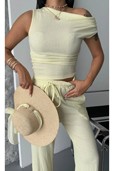 FEMMEA Yellow Boat Neck Blouse Pants Summer Suit