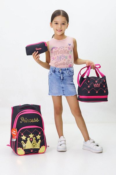 Weynes Black Pink Girl's 3-Piece Set Thermal Feeding Pen Holder Primary School Bag Wsb5034