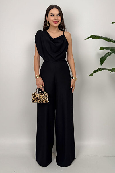 Dolcha Élan Kadın Siyah Drapeli Detaylı Tulum – Dokulu Kumaş Şıklığı