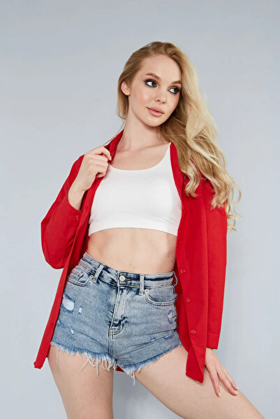 MEECY Kadın Kırmızı Oversize Uzun Basic Gömlek