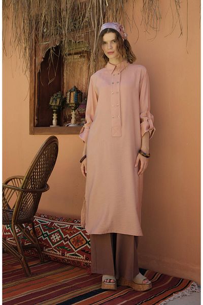 Fatma Atasoy Wide Placket Maxi Soft Pink Tunic