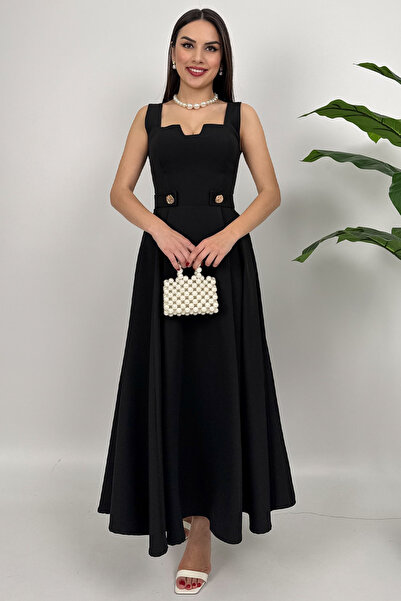 Dolcha Rosélia Kadın Siyah Düğmeli Midi Elbise – Zarif Davet ve Günlük Şıklık