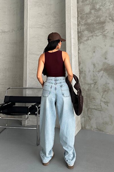 DESTEMODA Γυναικεία φαρδιά τσέπη στο πλάι και λεπτομέρεια ραφής στην πίσω τσέπη, κανονικό φαρδύ μπλε χρώμα 4008