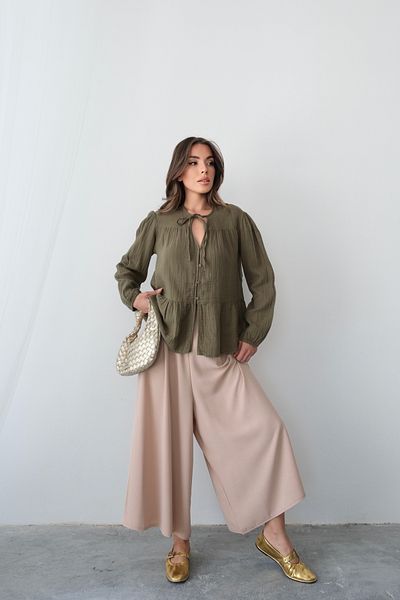 Hatun Atila Wide Cut Flared Double Crepe Trouser Skirt with Elastic Waist - Light Beige