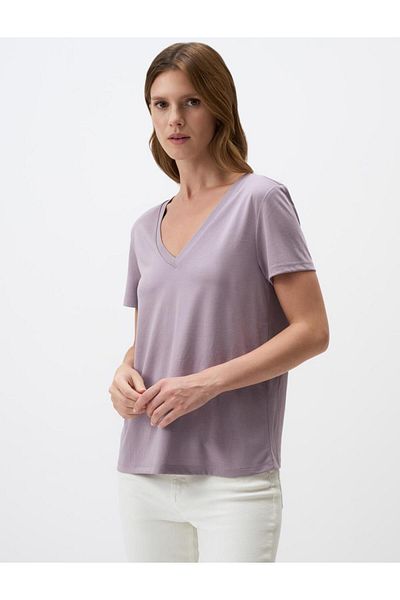 Jimmy Key Tricou de bază cu mânecă scurtă cu decolteu în V lavandă
