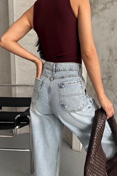 DESTEMODA Γυναικεία φαρδιά τσέπη στο πλάι και λεπτομέρεια ραφής στην πίσω τσέπη, κανονικό φαρδύ μπλε χρώμα 4008