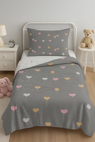 Bebişim Halı Gray Single Child Pique Pillowcase with Heart Balloon
