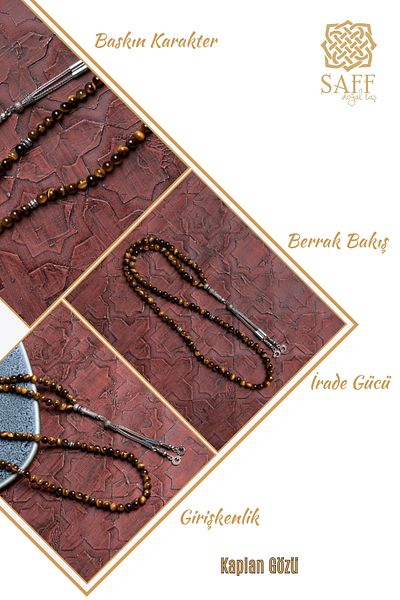 Saff Doğal Taş Certified Tiger Eye Metal Imameli Prayer Beads