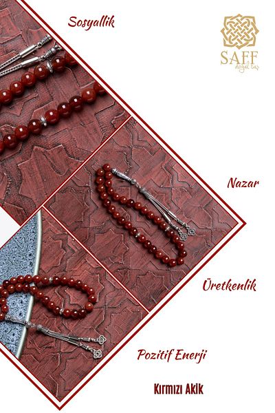 Saff Doğal Taş Certified Red Agate Prayer Beads Metal Tassel Prayer Beads