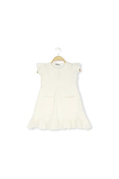 atabay Pocketed Ruffle 40/1 Crinkle Girl's Dress Ecru