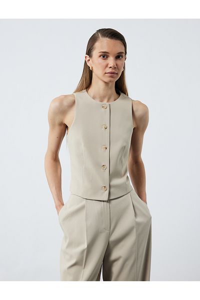 Koton Lined Buttoned Crew Neck Sleeveless Blazer Vest