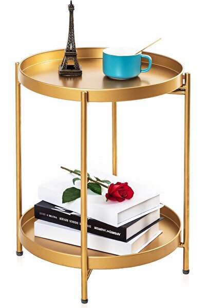 Generic 2-Tiers Multipurpose Portable Modern Luxury Round Tray Table – Stylish Golden Metal Side Table