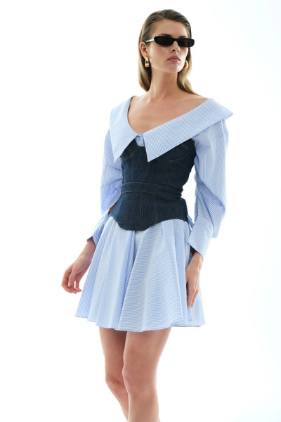 Keikei Mavi poplin uzun kol kısa elbise