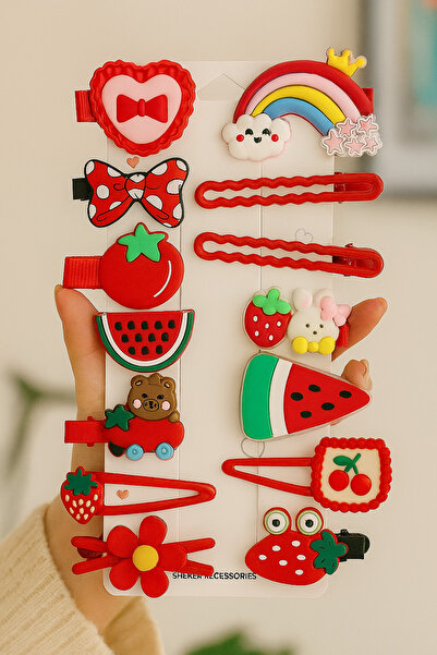 SHEKER HOME Kız Çocuk Ve Kız Bebek Ayıcık Pens Çıtçıtlı Kırmızı Toka Seti - 1...