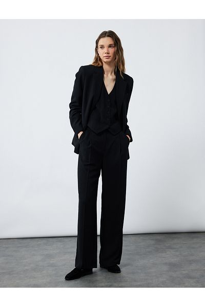 Koton Wide Leg Long Palazzo Trousers with Pile Detail and Pockets