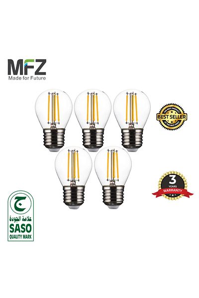 MFZ LED Bulbs 6W, E27 Round Base, 2700K Warm White, AC220–240V Filament Style – Pack of 5 Pieces