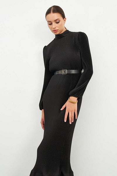 Setre Black Pleat Detailed Midi Length Belted Dress
