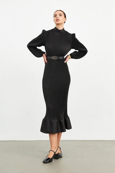 Setre Black Pleat Detailed Midi Length Belted Dress