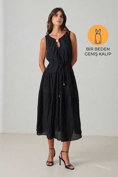 Setre Rochie neagră, fără mâneci, cu decolteu, cu croială relaxată, lungime midi