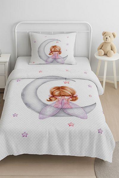 Bebişim Halı Cute Girl Sitting on the Moon Single Child Pique Pillow with Case