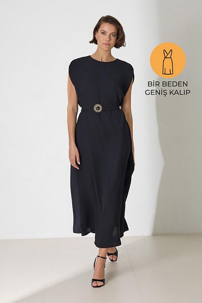 Setre Black Brooch and Halter Detail Relaxed Cut Wide Fit Dress