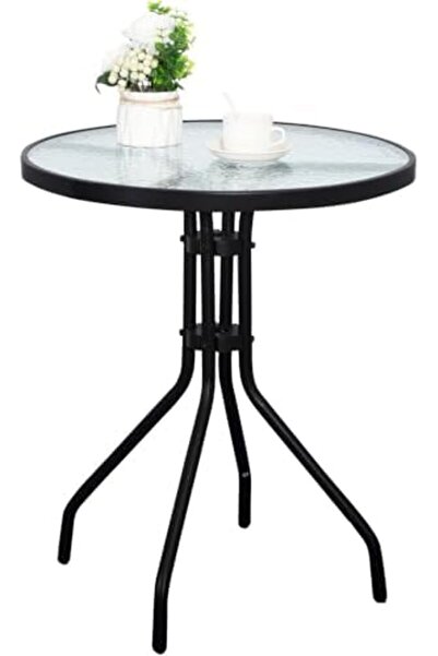 Generic Stylish Round Patio Table with Tempered Glass Top and Durable Metal Frame (BLACK)