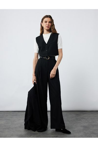 Koton Plain Wide Leg Palazzo Pants with Pile Detail Pockets