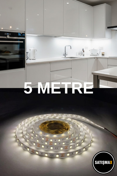 SatışMax Mutfak Dolabı Için 5 Mt Beyaz Işığı Şerit Led 12v Adaptör Aç Kapa An...