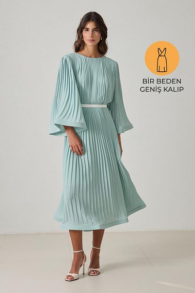 Setre Rochie midi cu talie verde apă și decolteu cu pliuri