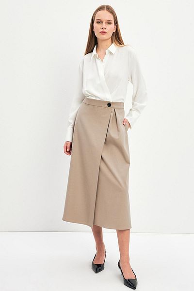 Setre Ecru-Beige Asymmetrical Collar Skirt Shirt Look Dress