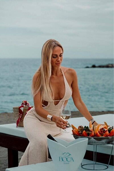 Bikini Mayokini Dünyası Örgü Halter Yaka Elbise - Bej