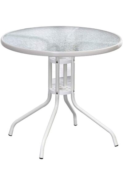 Generic Stylish Round Patio Table with Tempered Glass Top and Durable Metal Frame (WHITE)