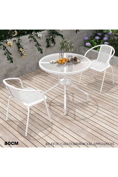 Generic Stylish Round Patio Table with Tempered Glass Top and Durable Metal Frame (WHITE)