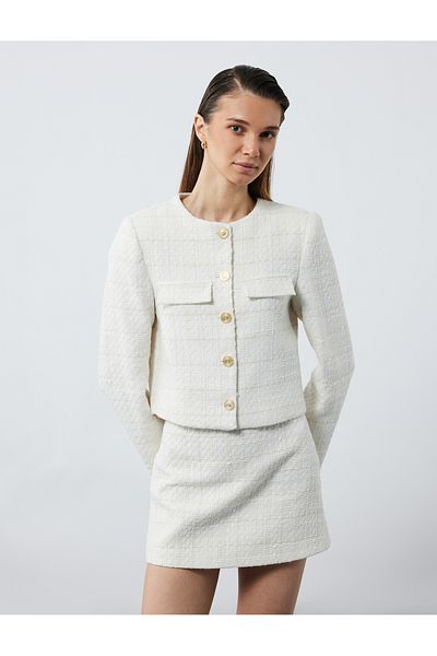 Koton Long Sleeve Crew Neck Applique Detailed Buttoned Tweed Jacket
