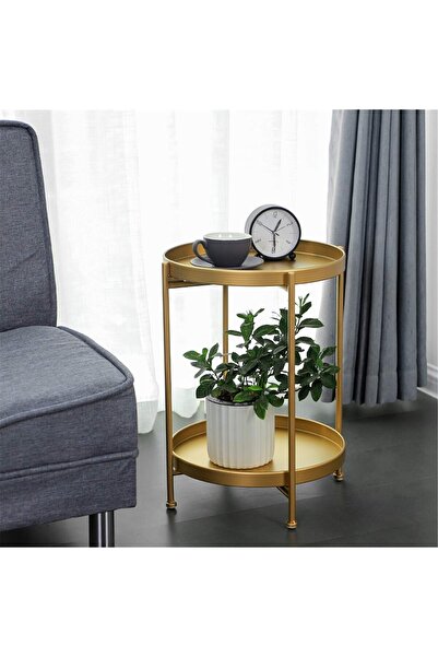 Generic 2-Tiers Multipurpose Portable Modern Luxury Round Tray Table – Stylish Golden Metal Side Table