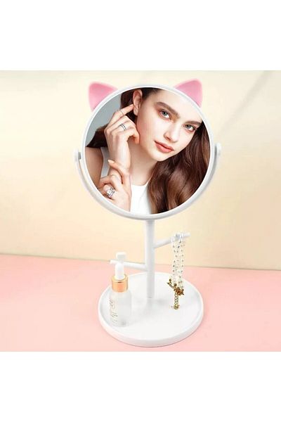 OEMN Cosmetic mirror with stand, 360° rotation, jewelry holder, model with ears, white, 15 cm