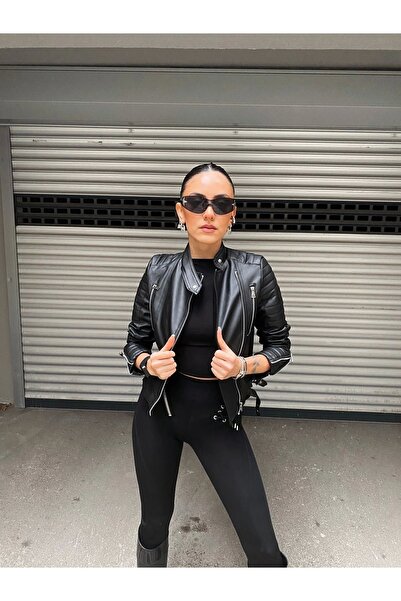 MEECY Dámská černá motorkářská kožená bunda