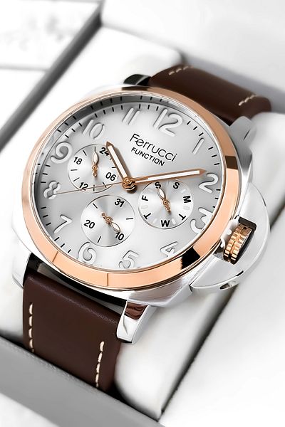 Ferrucci Men's Wristwatch - Bitter Brown Color, Leather Cord, Function Bracelet Brown-Silver Zmfer158
