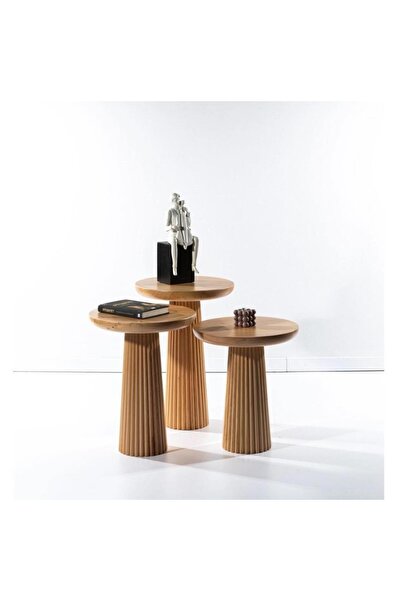 Store ’lü Set Fitilli Mantar Yan Sehpa Modern Ahşap Renk Fiskos