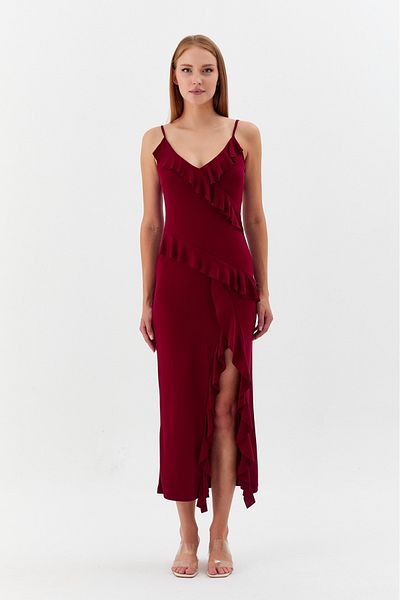 Kinzi Women's Burgundy V Neck Strap Ruffle Long Slit Dress – Evening, Party, Homecoming Dress