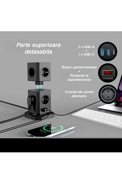 INNOVIO Prelungitor tip turn detasabil INNOVIO®, Putere mare 4000W/16A, 10 prize, 3 porturi USB