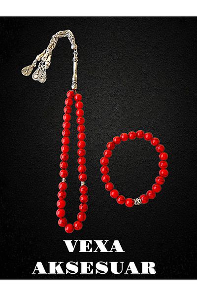 anonim Coral Stone Prayer Beads and Bracelet Set – Natural Stone Boxed