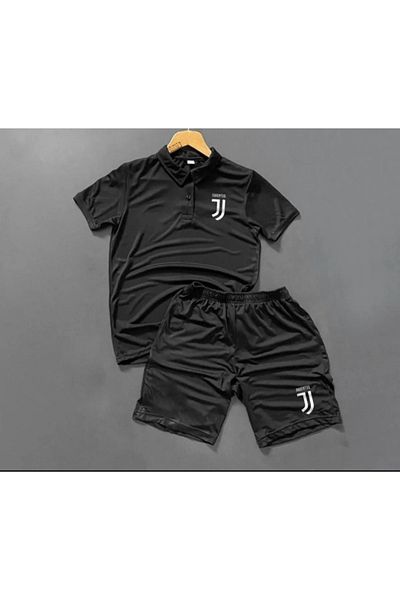 NOFLEN Black Juve Men's Printed 2-Piece Polo Neck Shorts Scuba Set