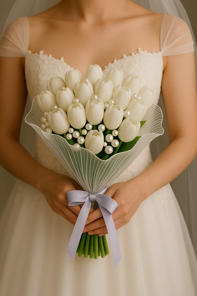 mtemin Islak Görünümlü Lale Gelin Buketi – Beyaz İnci Detaylı Şık El Yapımı